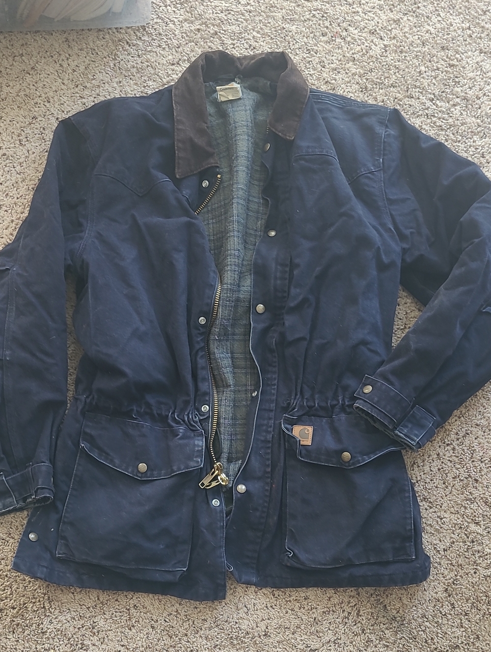 Carhartt Navy Field Jacket with Brown Corduroy Collar